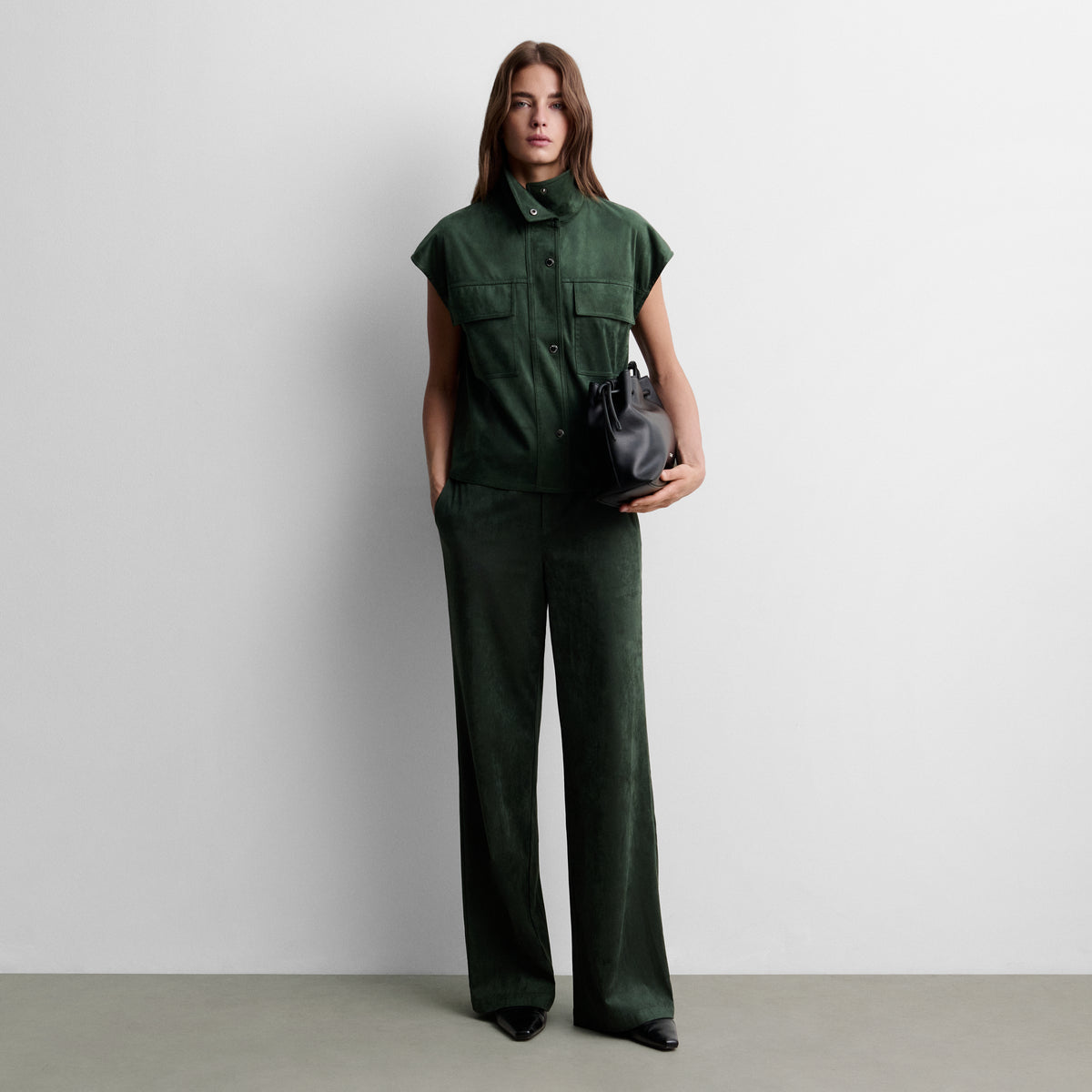 Faux suede top with funnel neck