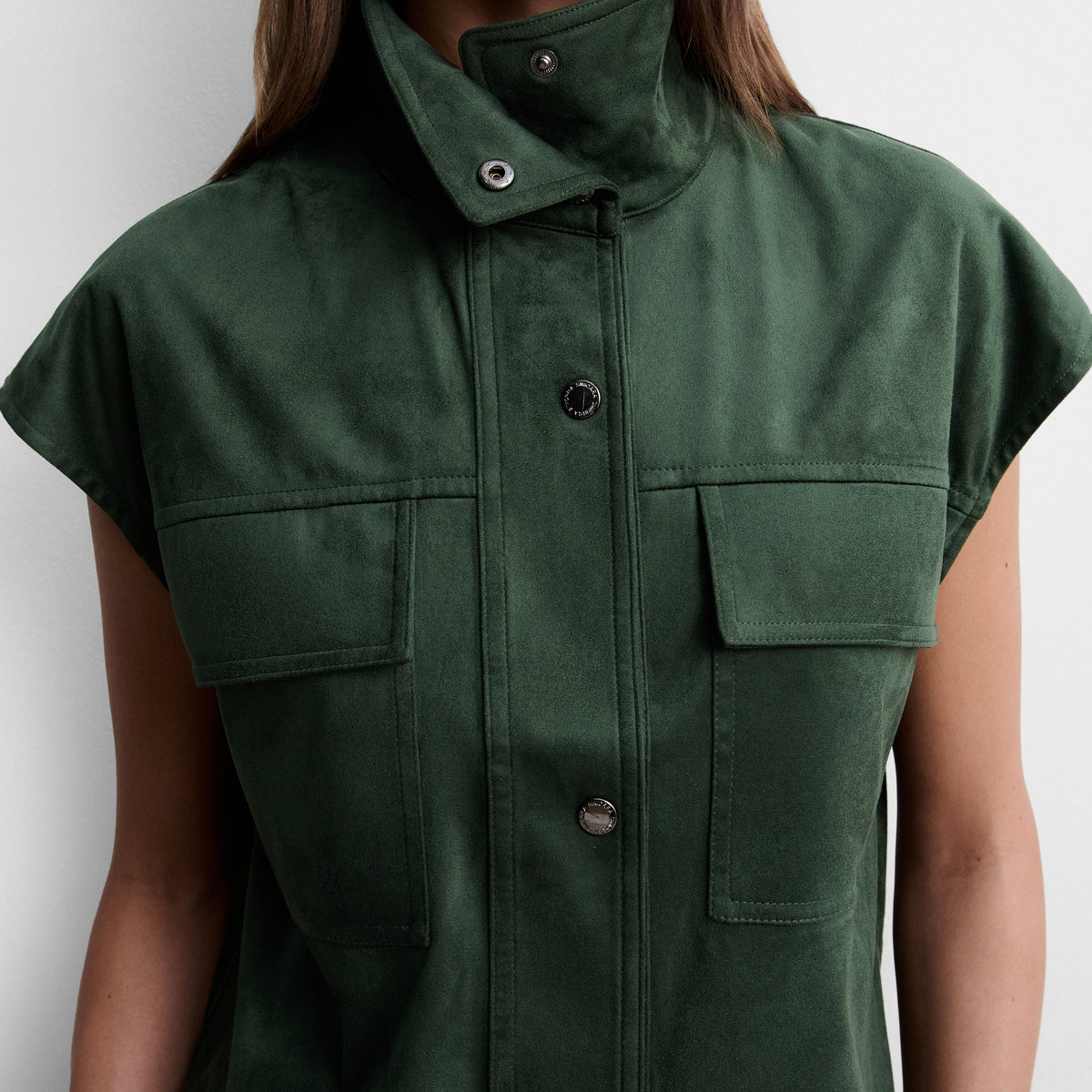 Faux suede top with funnel neck