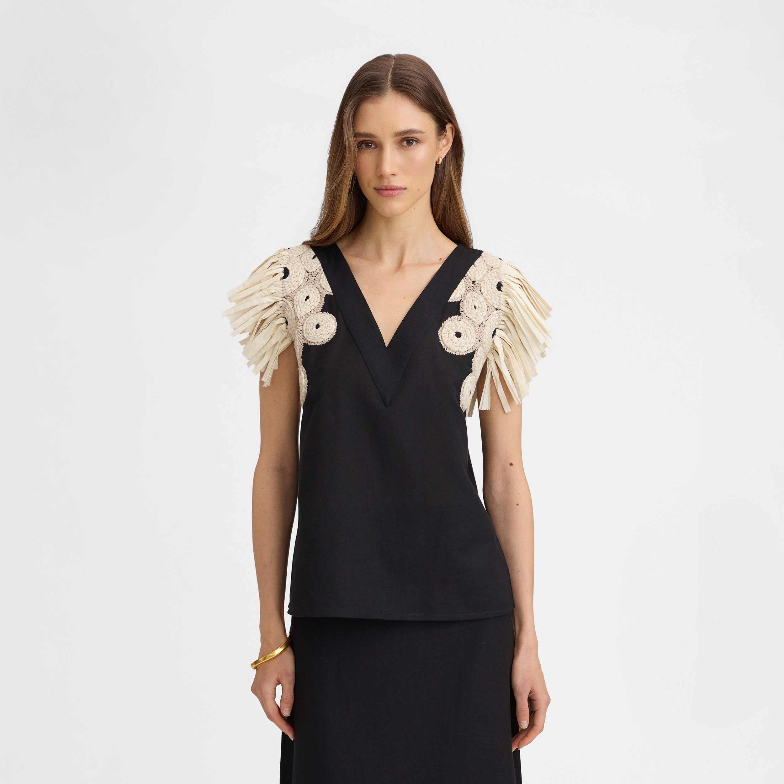 Embroidered fringe top
