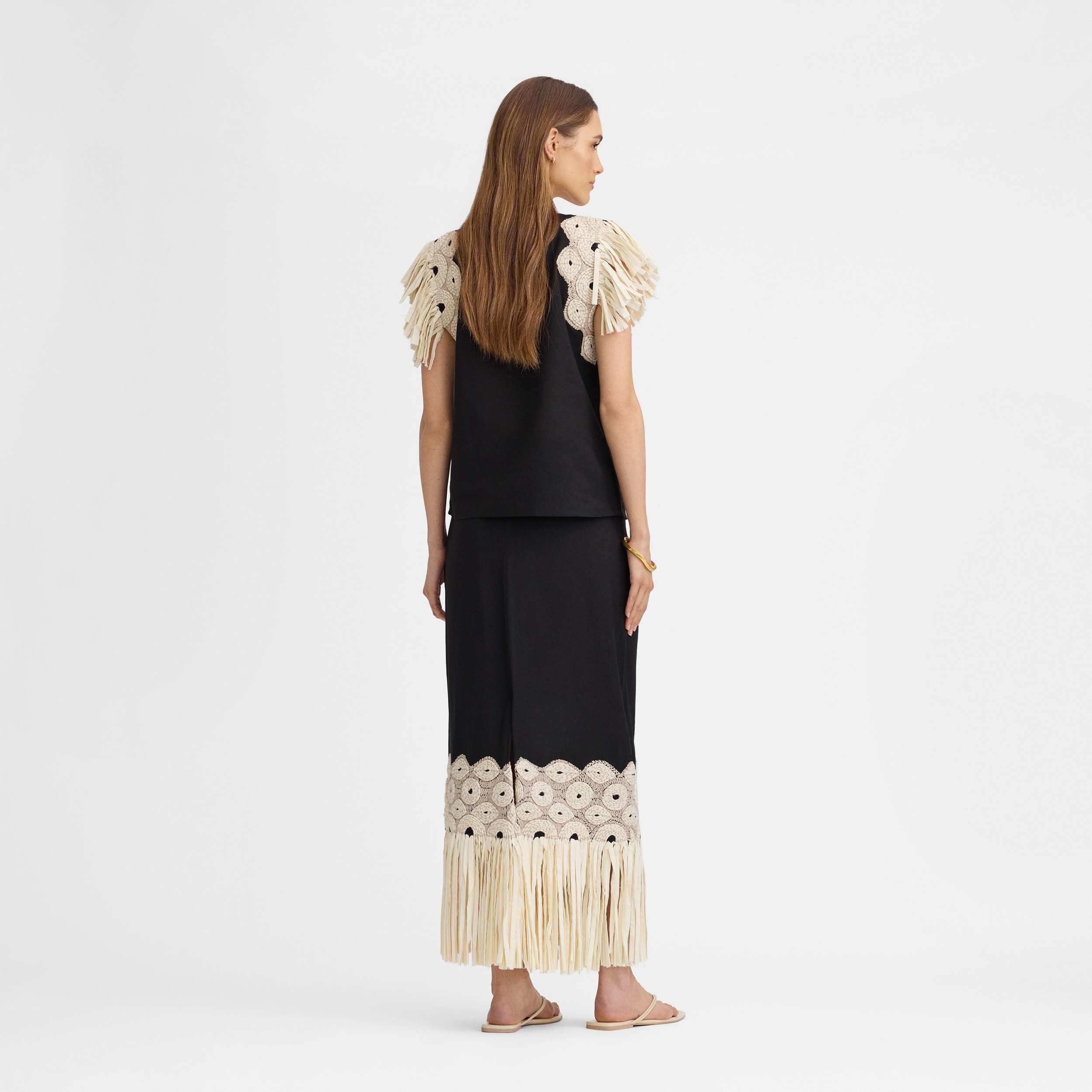 Embroidered fringe top