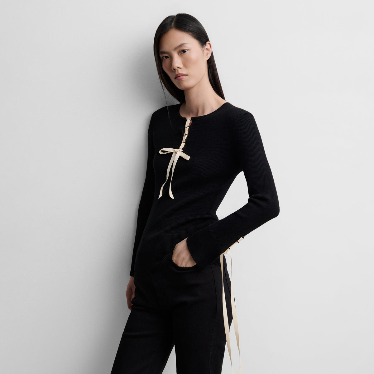Two-tone ribbed sweater with straps
