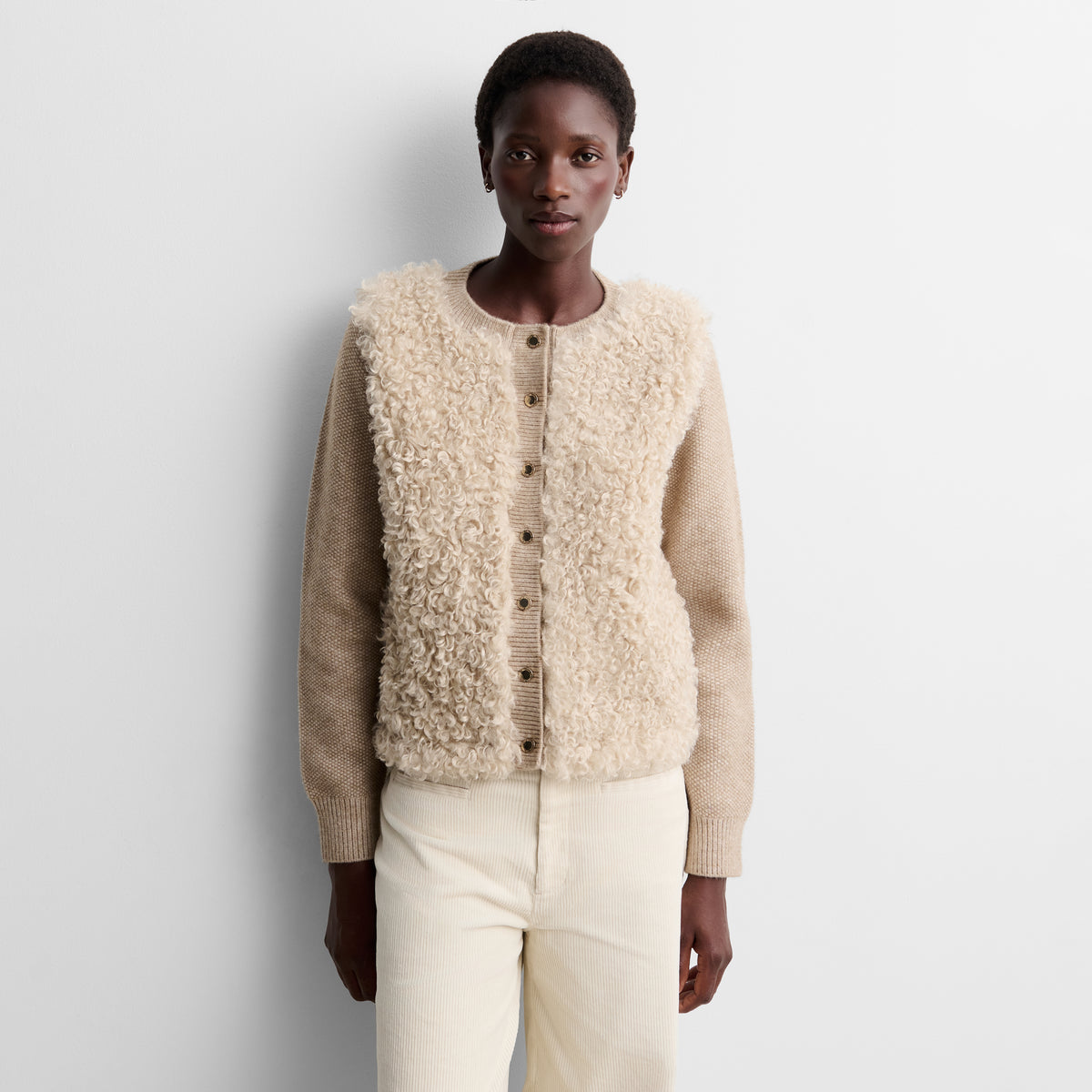 Two-material knit cardigan