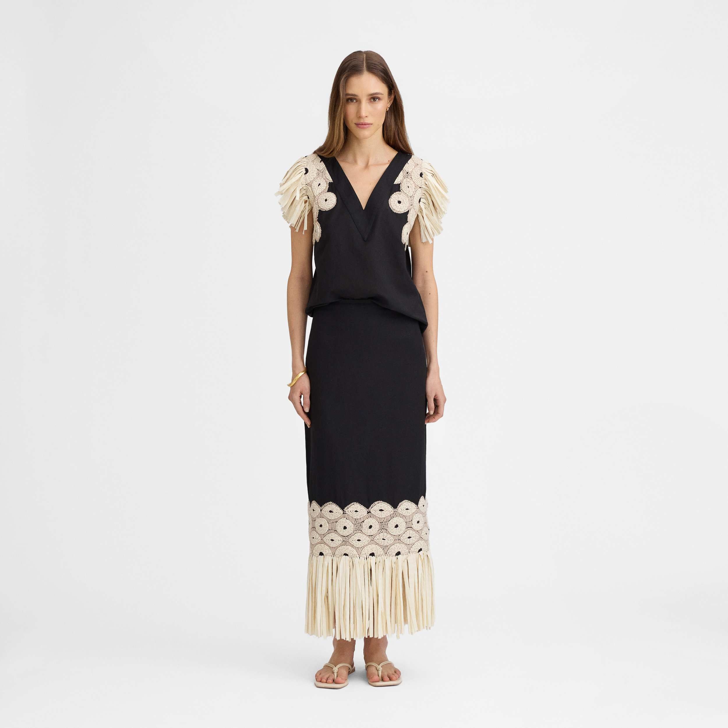 Embroidered fringe top